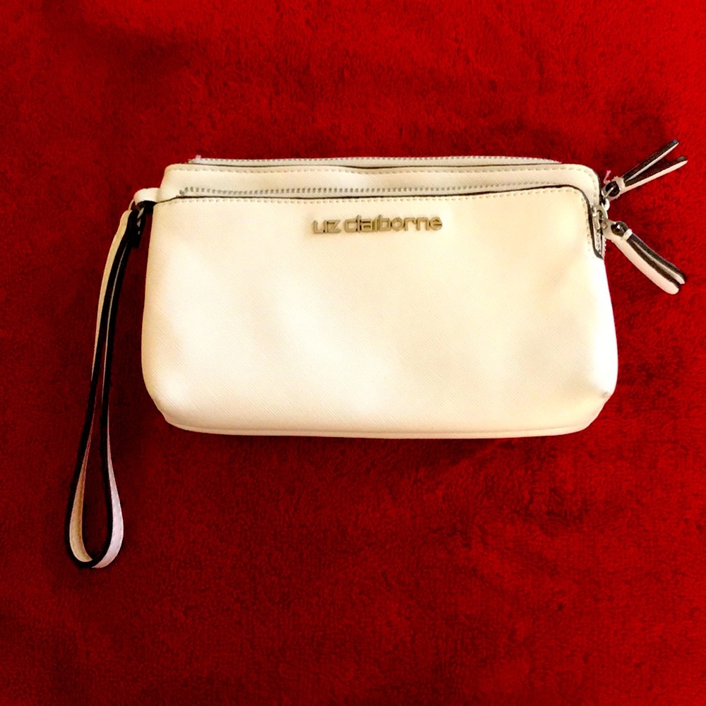 Liz Claiborne White Wristlet with 2 Zippered Compartments.